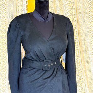 Jason Wu Black Faux Suede Belted Long Sleeve Mini Wrap Dress Size S | NWT